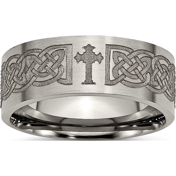 Titanium Brushed Celtic Cross Laser Design 8mm Flat Band (Size 7) Made In China tb33k-7