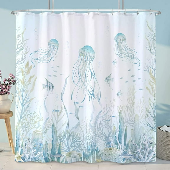 Nautical Sea Jellyfish Shower Curtain, Teal Summer Ocean Life Beach Cool Shower Curtain Bathroom Decor 72 ×72 inch