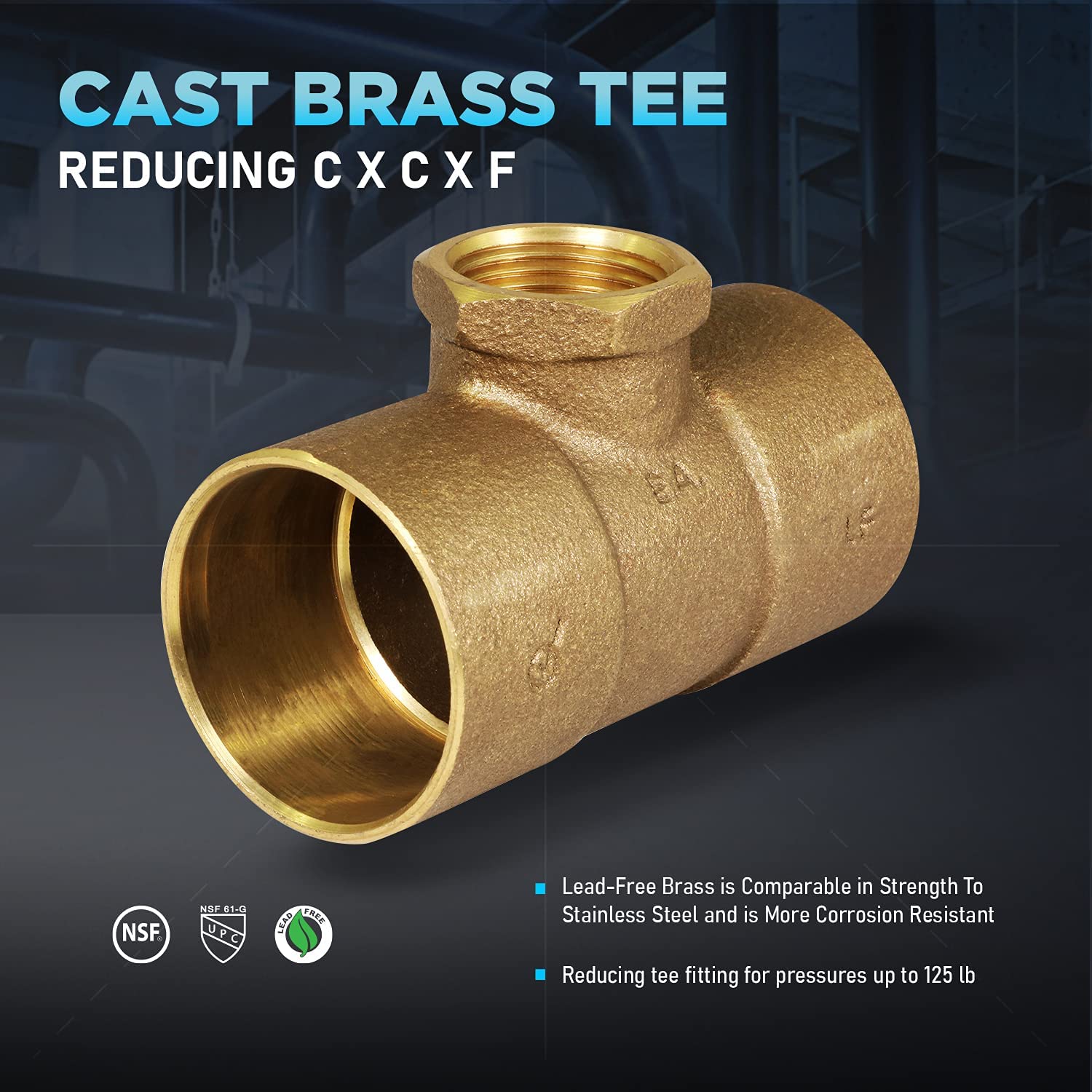 Supply Giant CCFT1213-NL CXCXF Lead Free Cast Brass Tee Fitting with Solder Cups and Female Threaded Branch, 1-1/2" x 1-1/2" x 3/4" - image 4 of 6