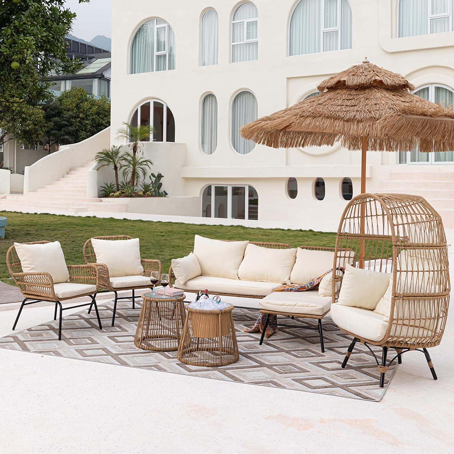 NICESOUL 7 Pcs Boho Outdoor Furniture Lounge Set with Egg Chair Wicker