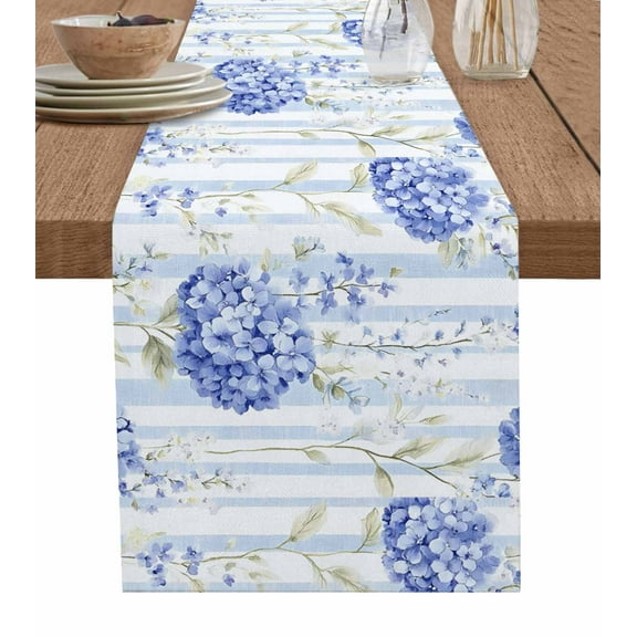 Hydrangea Striped Table Runner Cotton Linen 48 Inch Holiday Dresser Scarves, Vintage Floral Botanical Tablerunner for Kitchen Coffee Dining Bedroom Home Living Room Dinner Scarf Décor 13''x48''