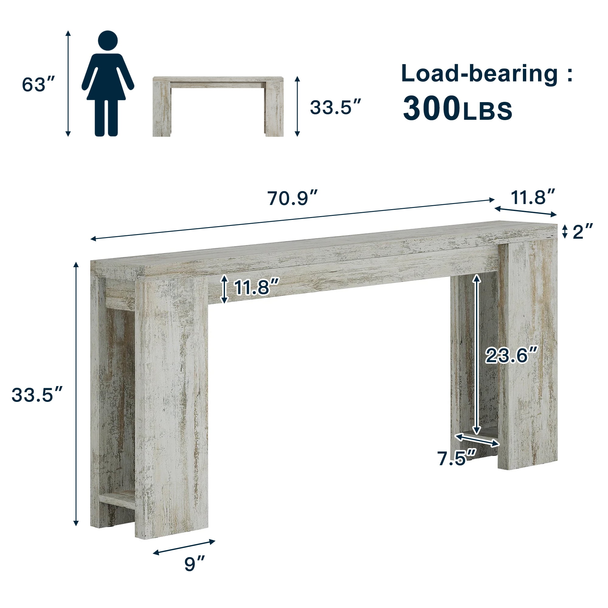 Demi Bonn 70.9" Wood Console Table, Farmhouse Sofa Table Entryway Table with Storage, Foyer Display Table, Light Gray