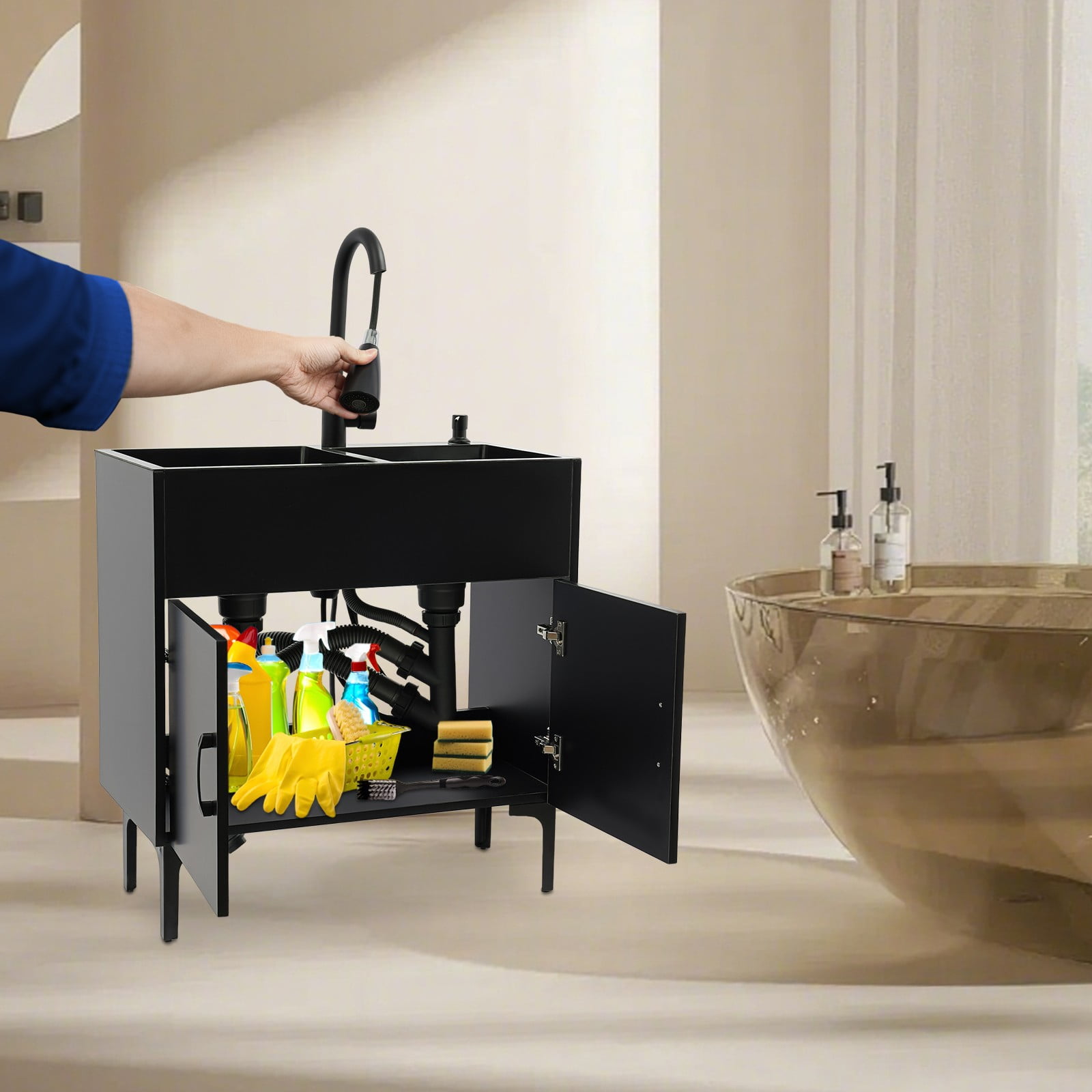 Laundry Sink Stainless Steel Utility Sink Cabinet with Sink with Flexible Faucet for Homes, Restaurants