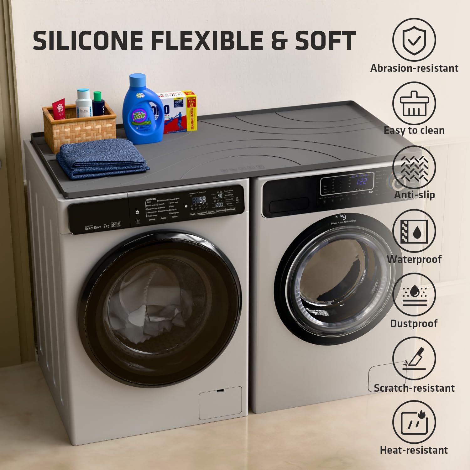 53.5"x26.8" Washer and Dryer Covers for the Top - 1PC Non-slip Silicone Washer Dryer Top Protector Mat - Waterproof Dryer Covers for the Top - Washer Dryer Countertop for Laundry & Kitchen