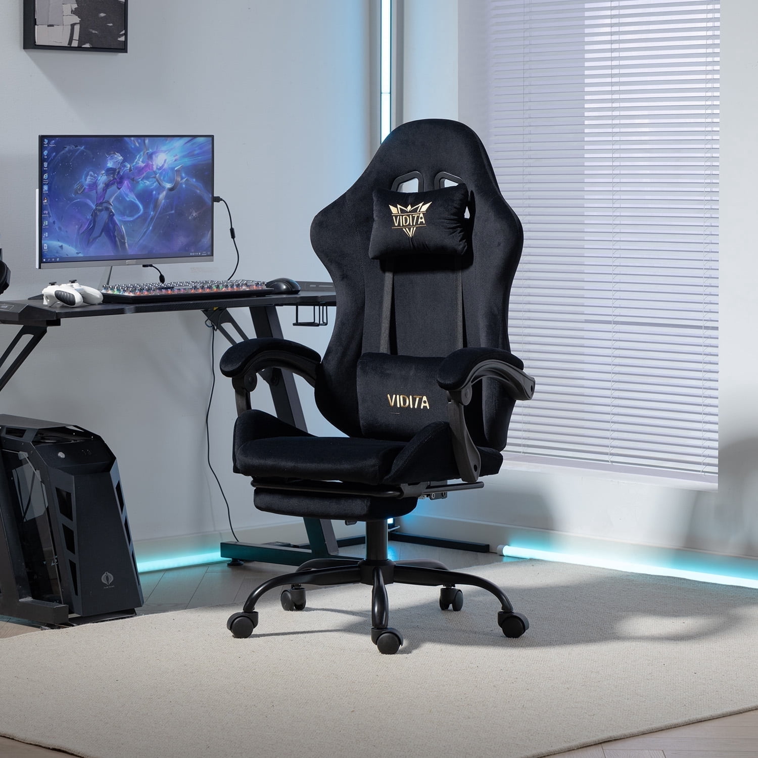 VIDITA Velvet Gaming Chair with Massage, Footrest, Recline & Lumbar Support for Adults