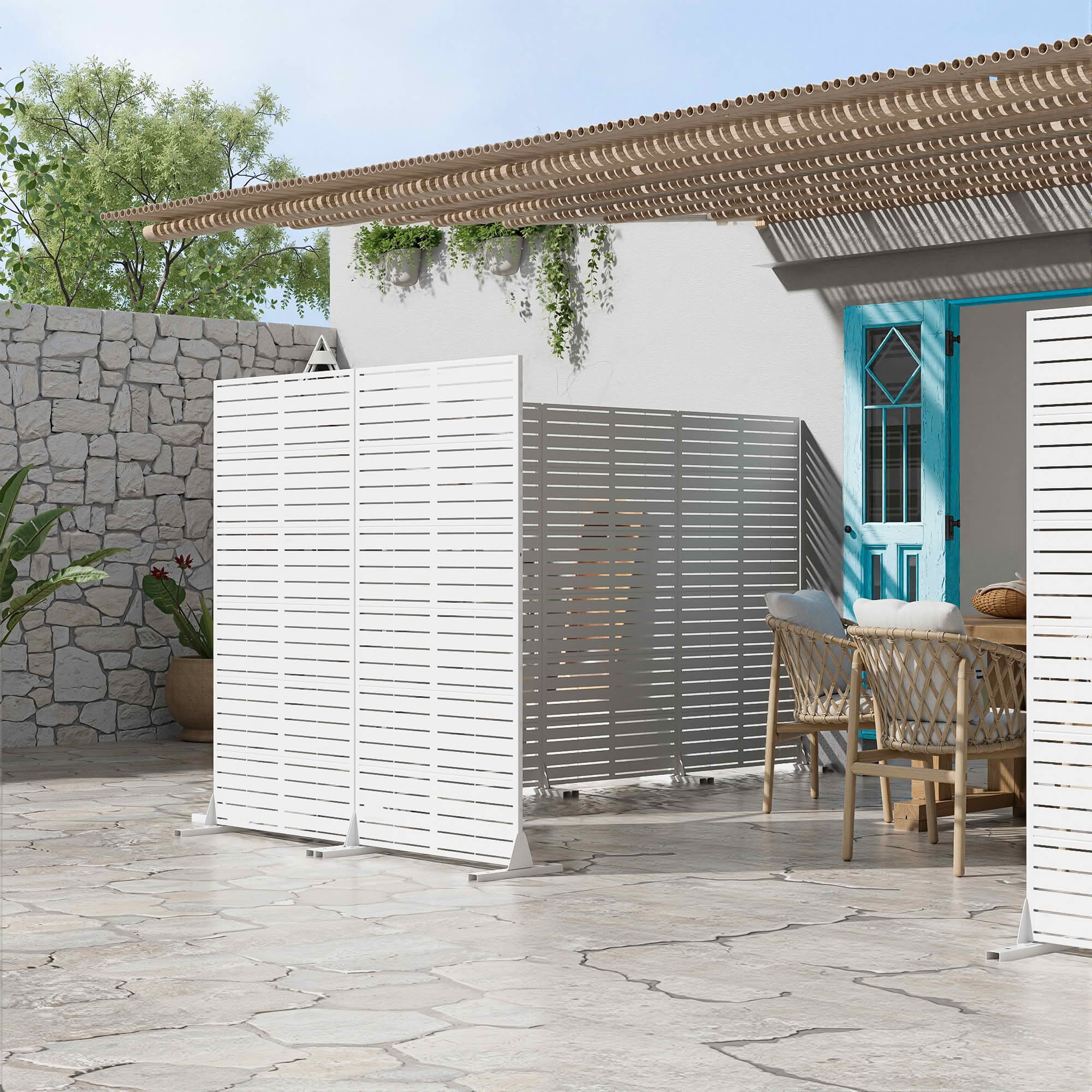MAYEERTY 72x35x16 Inch White Louvered Galvanized Steel Privacy Screen, 6 Piece Set for Outdoor Street
