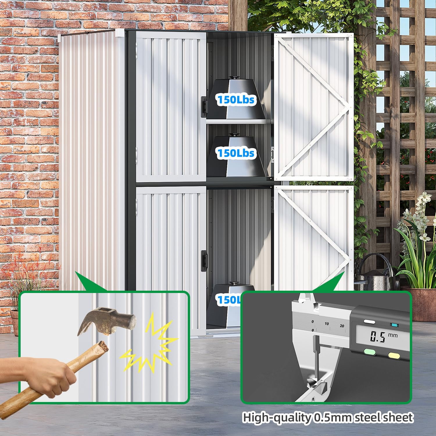YODOLLA 2.5'x 3.5' Outdoor Metal Storage Cabinet with Locking Doors and Adjustable Shelves for Home, Office,Garden(White)