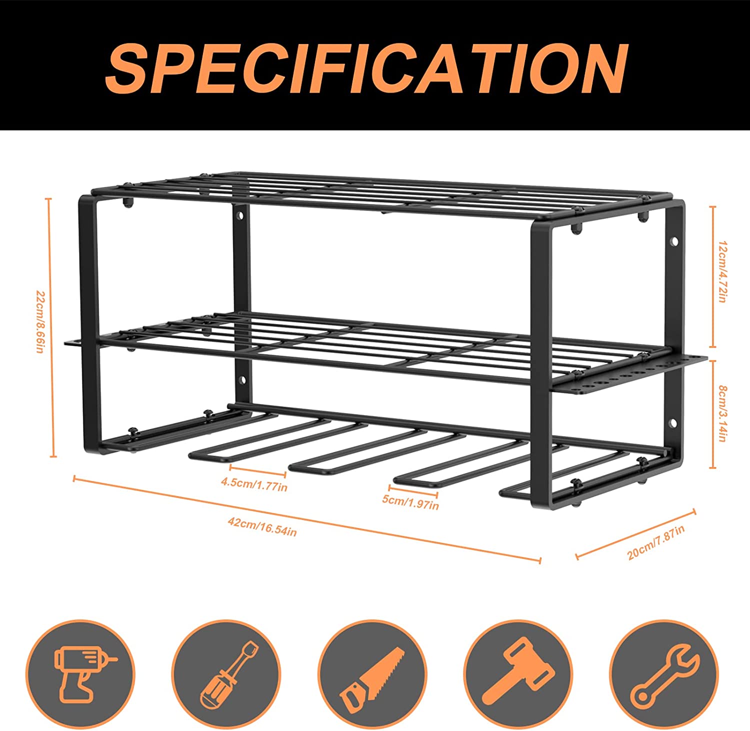 Wall Mounted Power Tool Organizer, Heavy Duty Metal Tool Shelf, Utility Storage Rack for Cordless Drills
