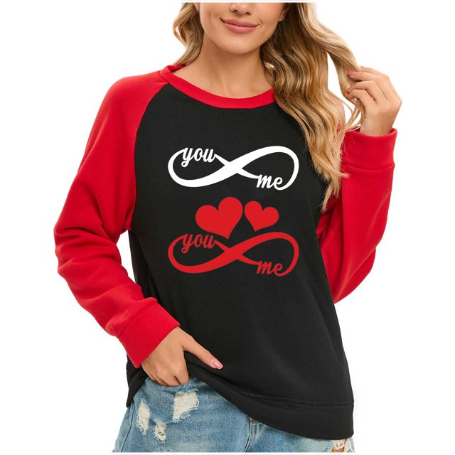 VALMASS Chandails Surdimensionnés de la Saint-Valentin pour Femmes Manches Raglan Col Rond Hauts Décontractés Amples Imprimés Blouses (L, Noir-C)