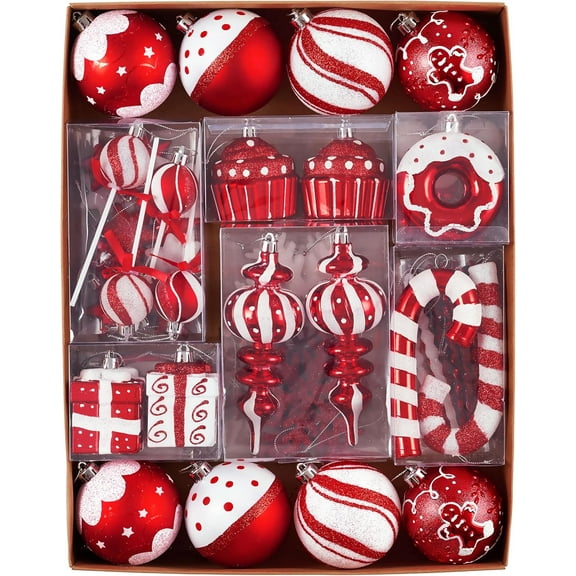 SQ  Christmas Ball Ornaments Set, 80ct Candy Cane Red and White Shatterproof Christmas Tree Decorations, Variety Hanging Ornaments for Xmas Trees Bulk Holiday Party Decor