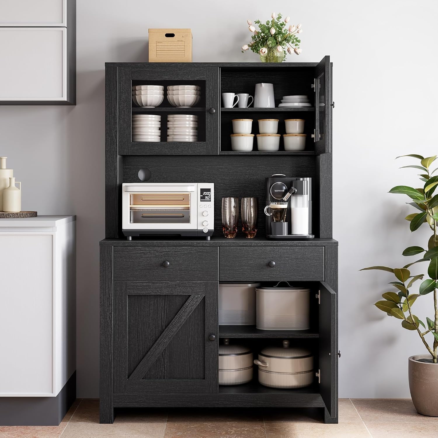 Your Perfect Find Versatile Kitchen Food Cabinet with Microwave Stand – Freestanding Storage Cabinet with Drawers and Adjustable Shelves, Perfect for Dining Rooms and Buffets, Black Finish