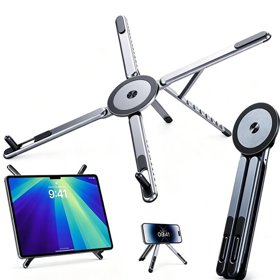4-in-1 Foldable Magnetic Device Stand, Laptop Stand, 8-Level Height Adjustment, Sturdy, Slim, and Non-Slip, Ergonomic Fit for 10–16" Laptops