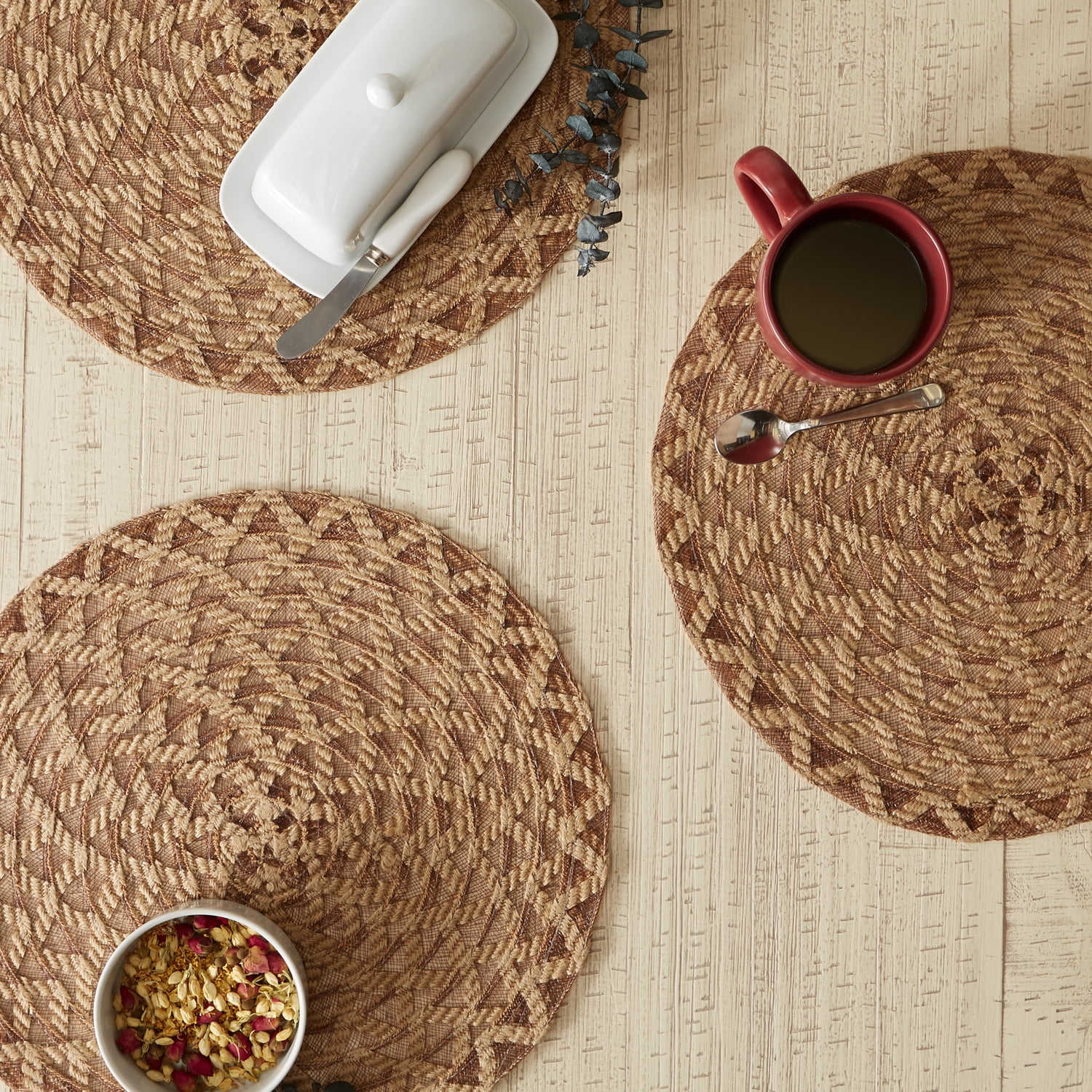 Contemporary Home Living Woven Round Dining Table Placemats - 15" - Brown and Tan