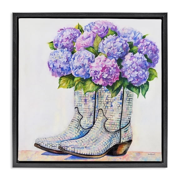 Stupell Industries Hydrangea Filled Cowgirl Boots Floral Painting Black Floater Framed Canvas Art Print Wall Art, 18 x 18