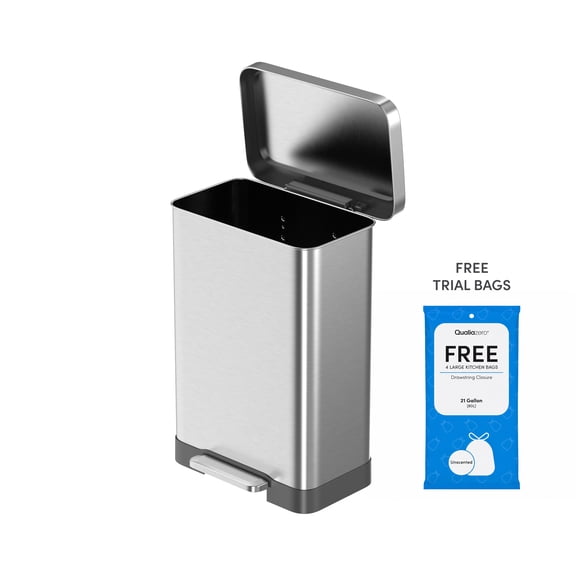 Qualiazero Kitchen Trash Can, 20 Gallon Stainless Steel Step Garbage Bin with Soft Close Lid, Silver, With Free Trial Trash Bags