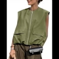 thumbnail image 3 of Chaleco Informal con Cremallera para Mujer, Estilo Cargo, Extragrande, con Dobladillo Fruncido, Sin Mangas, Chaquetas y Tops. Verde S, 3 of 7