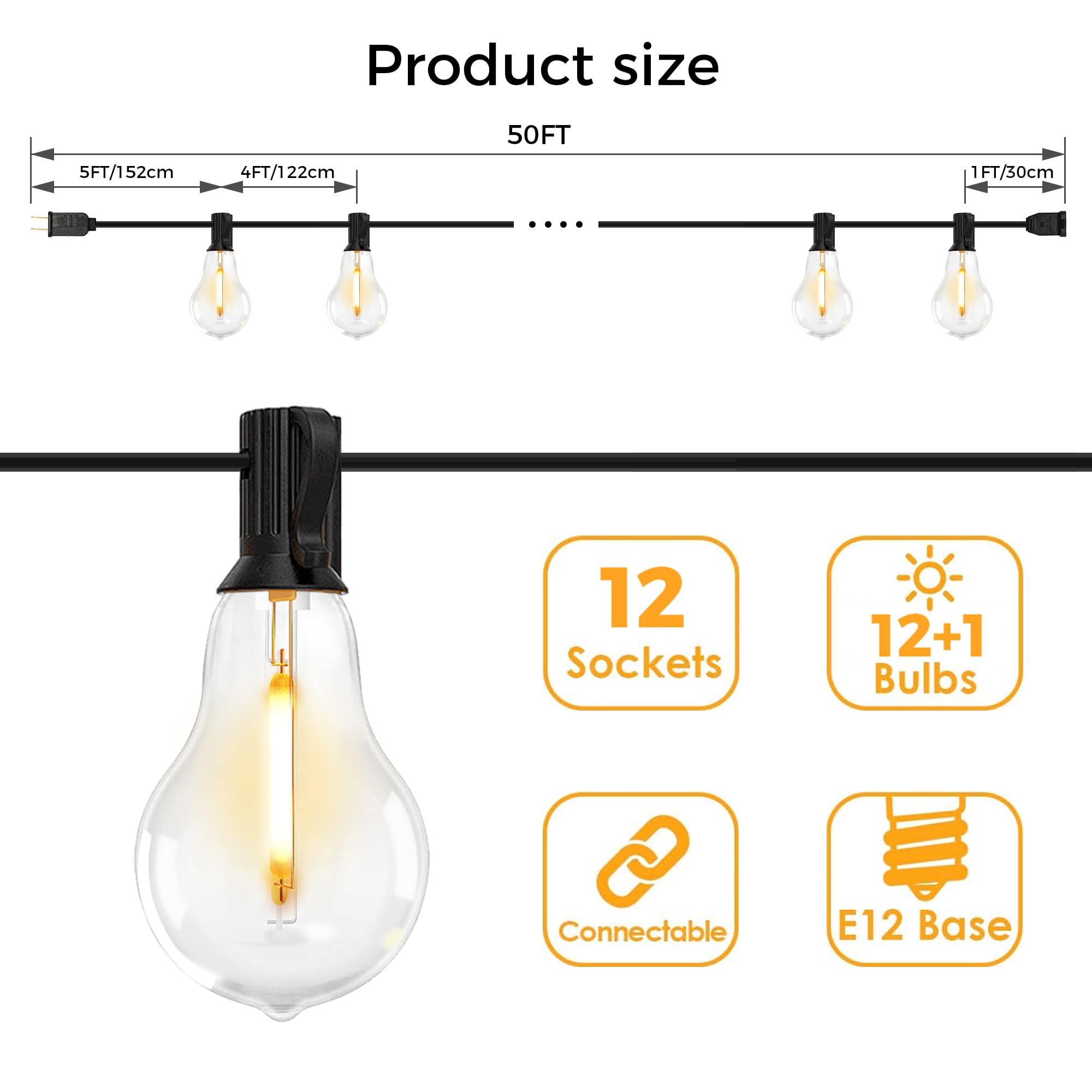 DAYBETTER 50FT Outdoor String Lights, Waterproof Patio Lights with 12 A39 Hanging Light Bulbs, Shatterproof for Backyard Gazebo Porch Garden Outside Decor