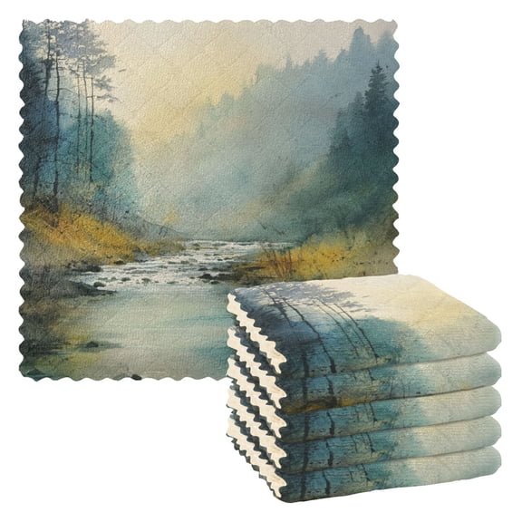 6 Pieces of Kitchen Towels 11x11Inch Kitchen Dish Cloths Kitchen Dish Towels Reuseable Cleaning Cloths Beautiful Watercolor Forest
