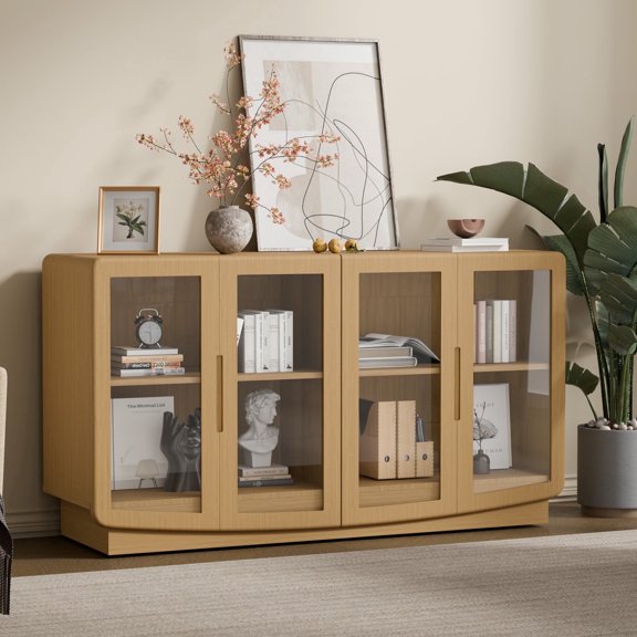 TopComfy 55-Inch Wood Storage Cabinet with Glass Doors Accent Sideboard Organizer Adjustable Shelves Large Capacity for Living Room Entryway Bedroom Walnut