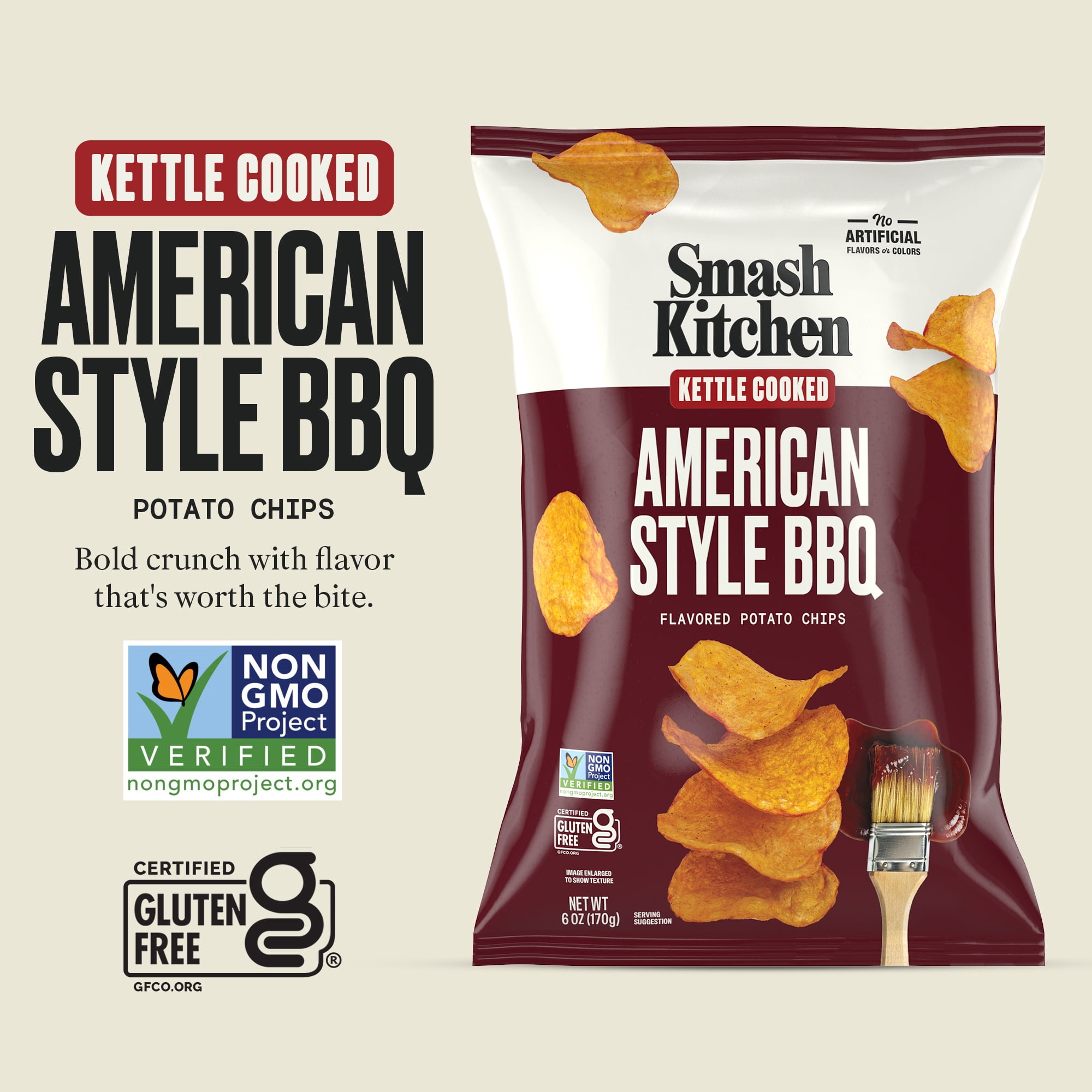 (6 pack) Smash Kitchen American Style BBQ Non-GMO Kettle Chips, 6 oz