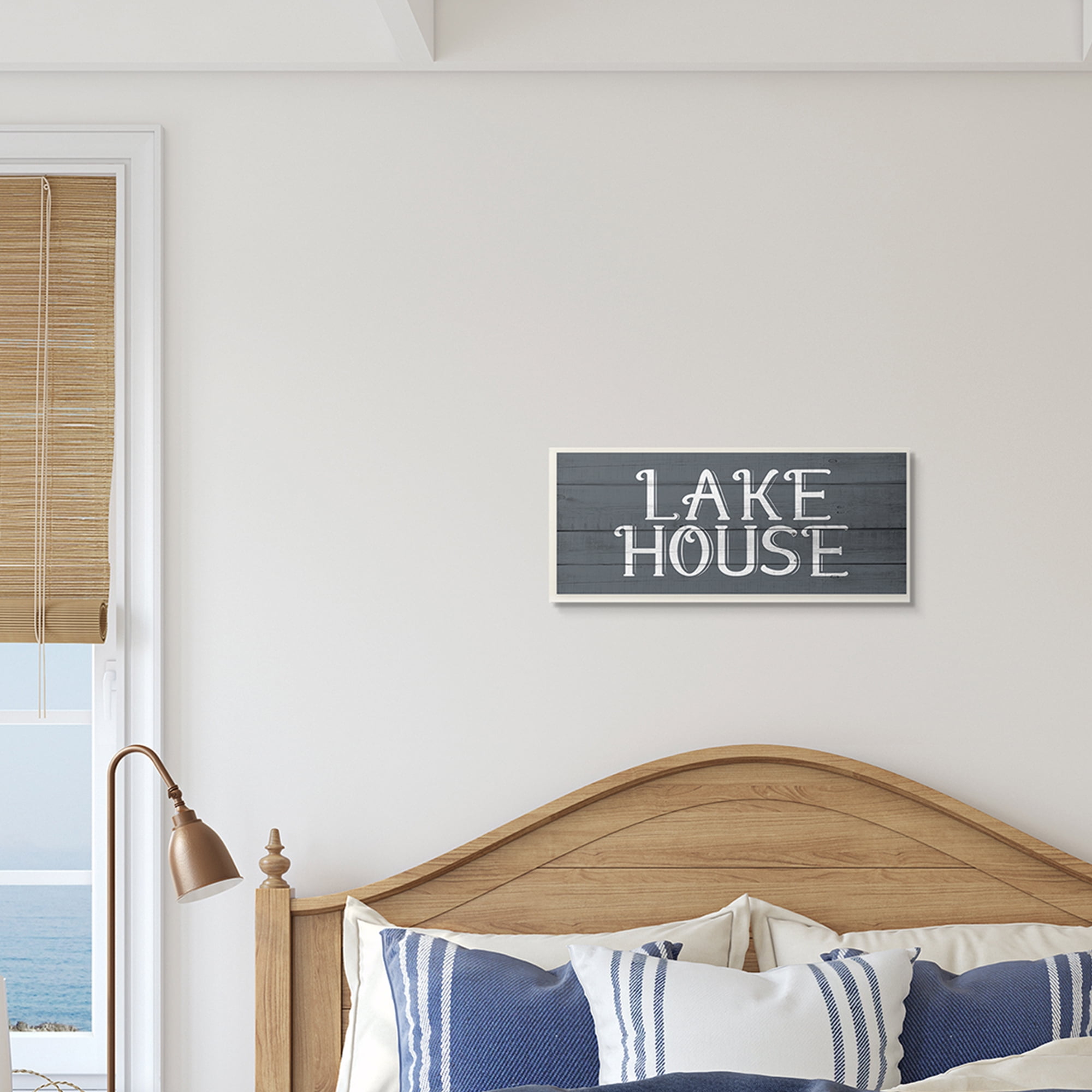 Stupell Industries Lake House Sign Blue White Planked Look Nature Painting Unframed Art Print Wall Art, 7 x 17