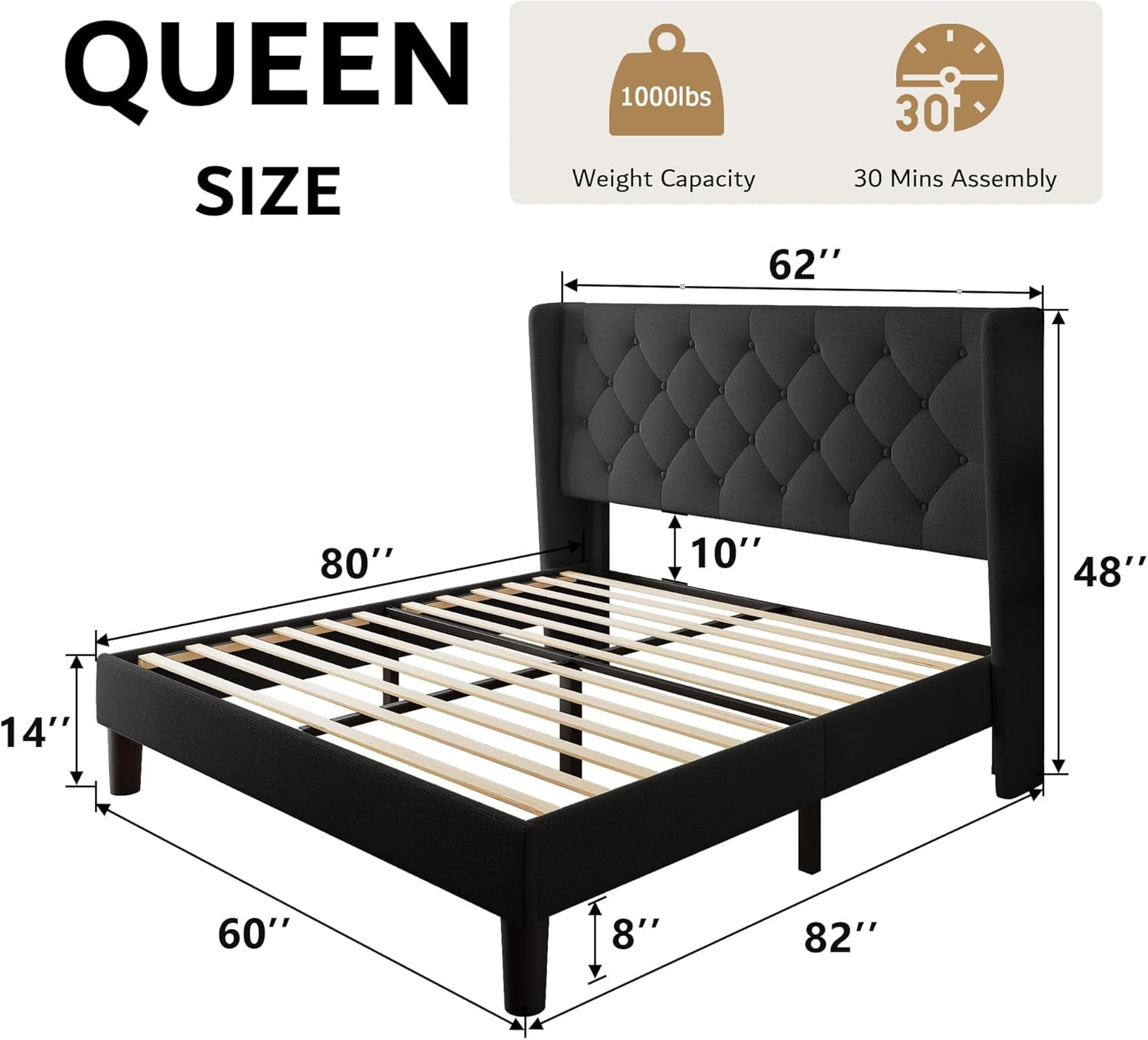 iPormis Queen Size Bed Frame with Diamond Button Tufted Wingback Headboard, Upholstered Platform Bed Frame with Strong Wood Slat Support, No Box Spring Needed,Black