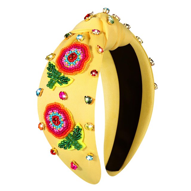 Mokkia Diadema bohemia con joyas, color blanco y rosa, con cuentas de hoja de palma y sandía, fruta, diamantes de imitación, anudada con nudo superior ancho, accesorio para el pelo de playa de verano