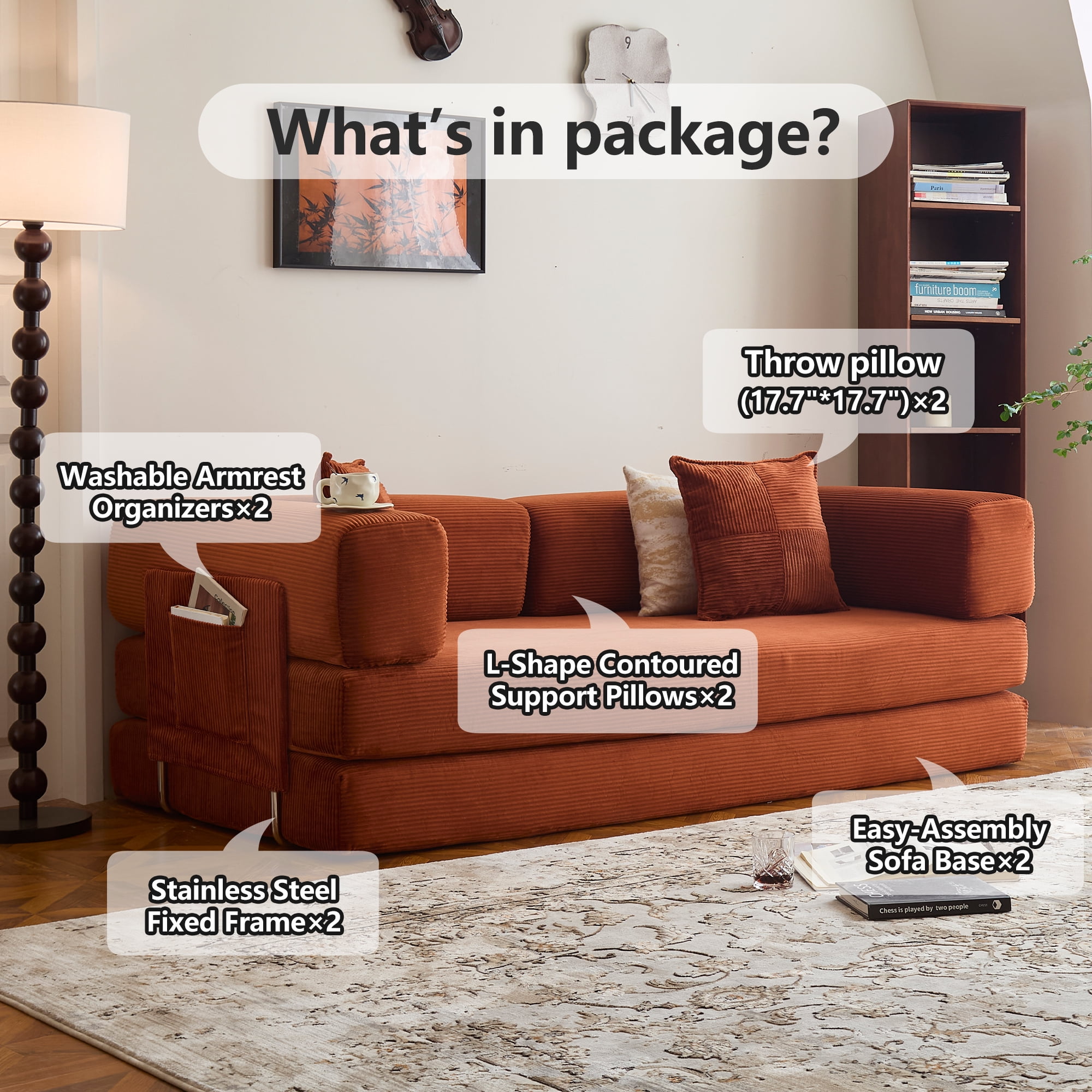 LIAROO Convertible Sofa Bed - 78.8" Boneless Couch Corduroy Fabric - Compression Sofa With Armrests and Backrest - Modular Sectional Sofa for Living Room, Bedroom, Studio