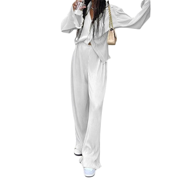 VISgogo Traje de Pijama de Dos Piezas para Mujer, Tops de Manga Larga con Botones y Cuello Vuelto de Color Sólido + Pantalones Largos con Cintura Elástica VISgogo moda