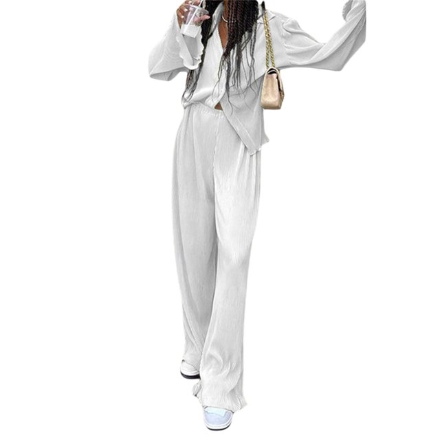 VISgogo Traje de Pijama de Dos Piezas para Mujer, Tops de Manga Larga con Botones y Cuello Vuelto de Color Sólido + Pantalones Largos con Cintura Elástica VISgogo moda