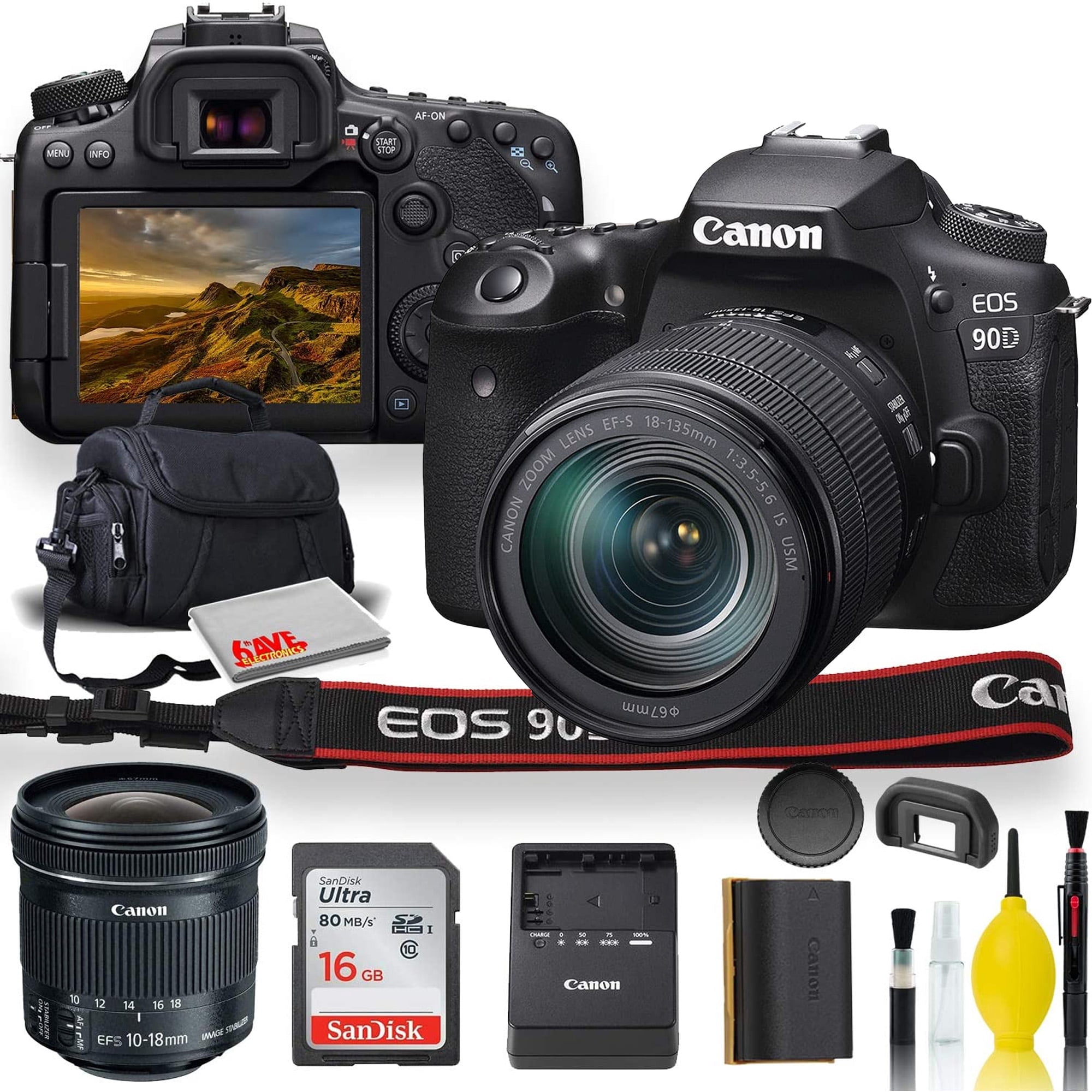 Canon EOS 90D DSLR Camera with 18-135mm Lens Canon EF-S 10-18mm F/4.5-5.6 IS STM Lens Soft Padded Case Memory Card and More (International Model)