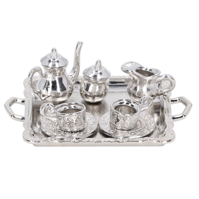 Mini Tea Party Toy Set,Mini Tea Set Metal Tea Cup Sets,1/12 Scaled Simulation Kit For Dollhouse,Miniature Tea Cup Tray Kit For Dollhouse