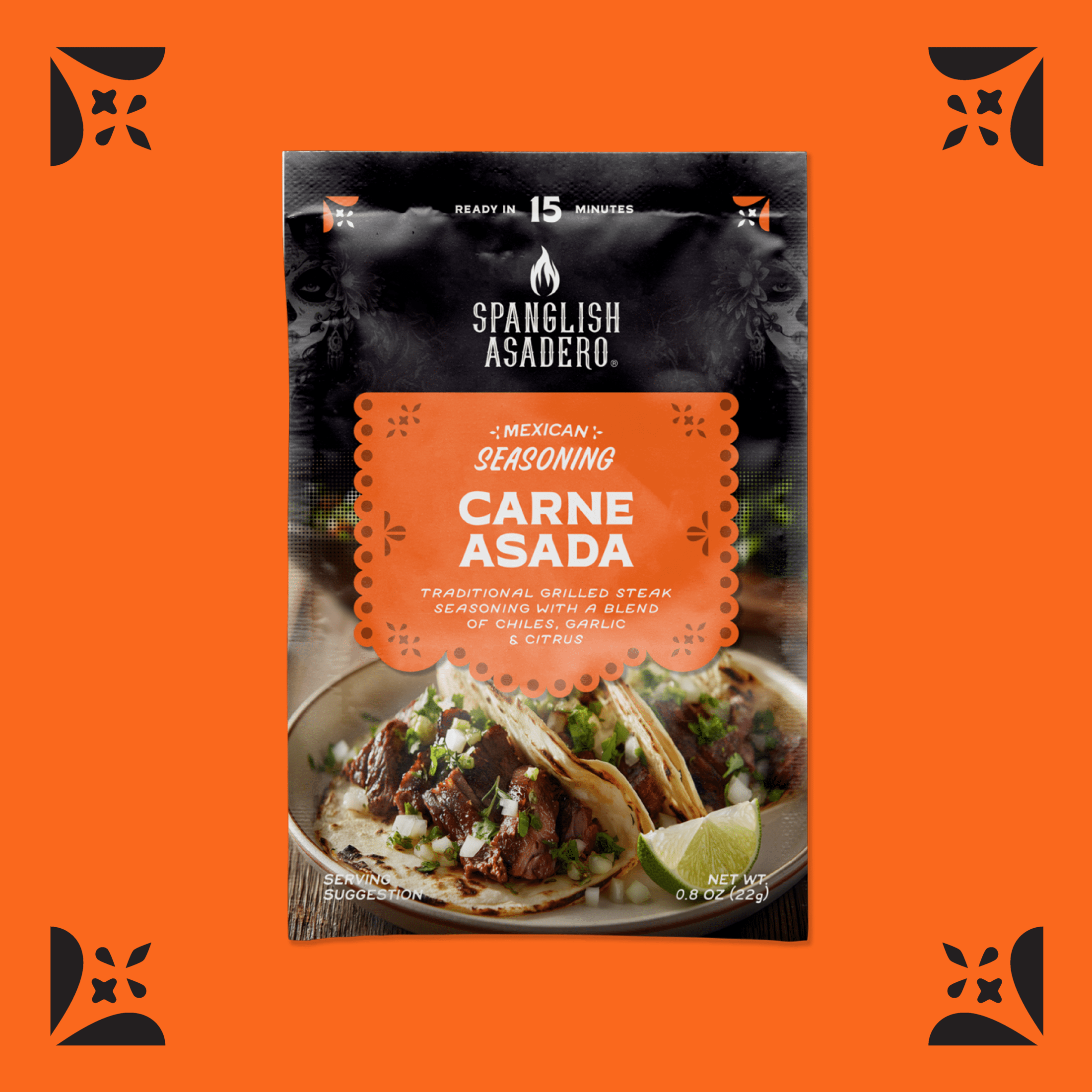 Spanglish Asadero Carne Asada Seasoning with Chilis, Garlic, Citrus & Sea Salt, 0.8 oz Packet