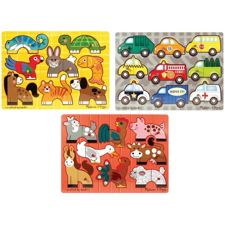 Melissa & Doug Mix 'n Match Wooden Peg Puzzles (Set of 3) - Animals and Cars