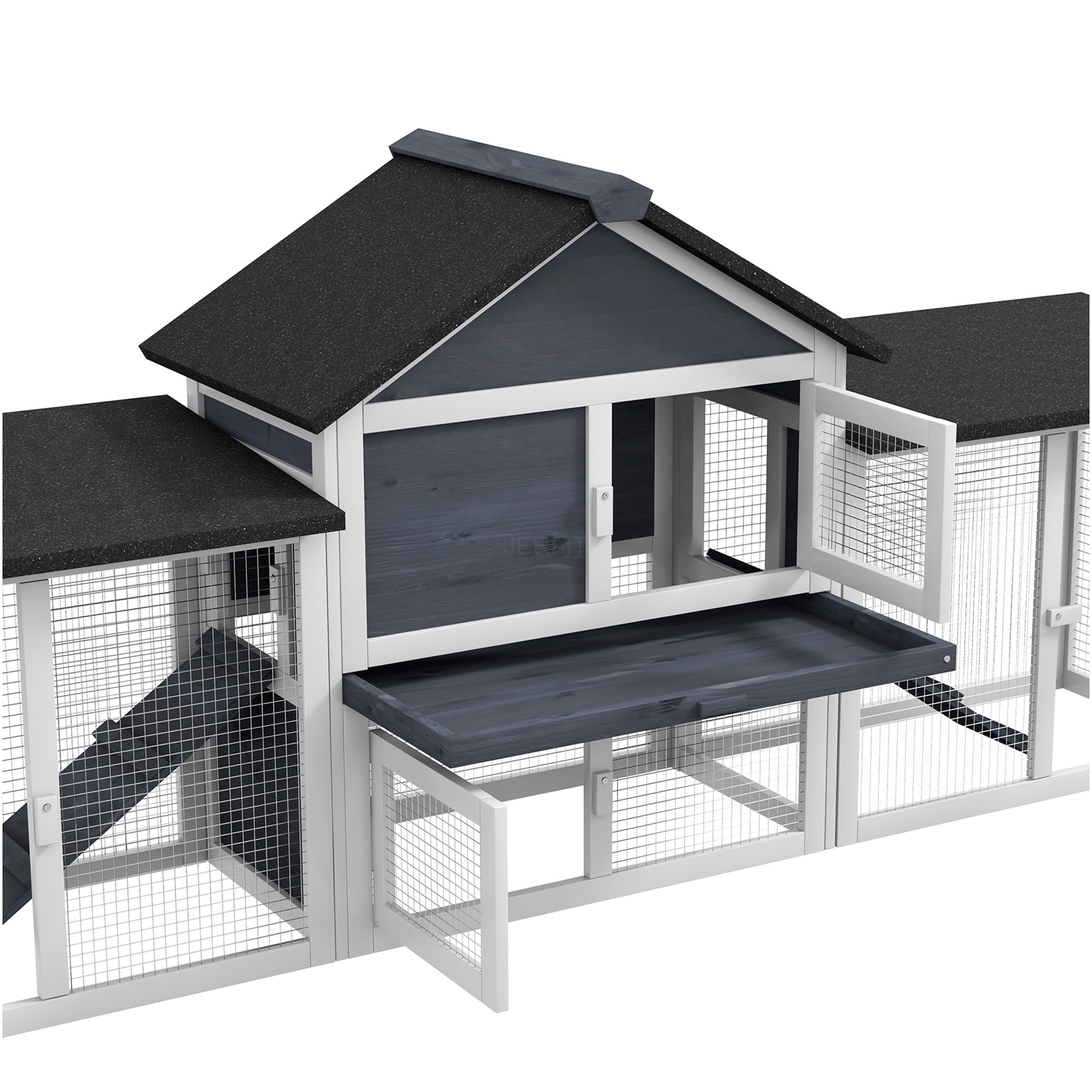 JERFIT 83 Inch Large Outdoor Rabbit Hutch with Double Runs, Weatherproof Wooden Bunny Cage Indoor Outdoor Use, Removable Tray, Gray