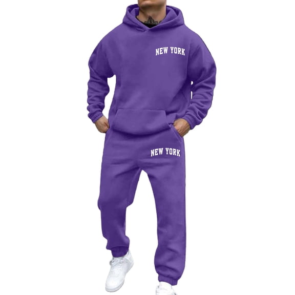 Wangmeiwg Men's Casual Printed Pullover Hoodie and Jogger Pants Set Loose Fit Autumn Winter Daily Wear Comfort Outfit Purple