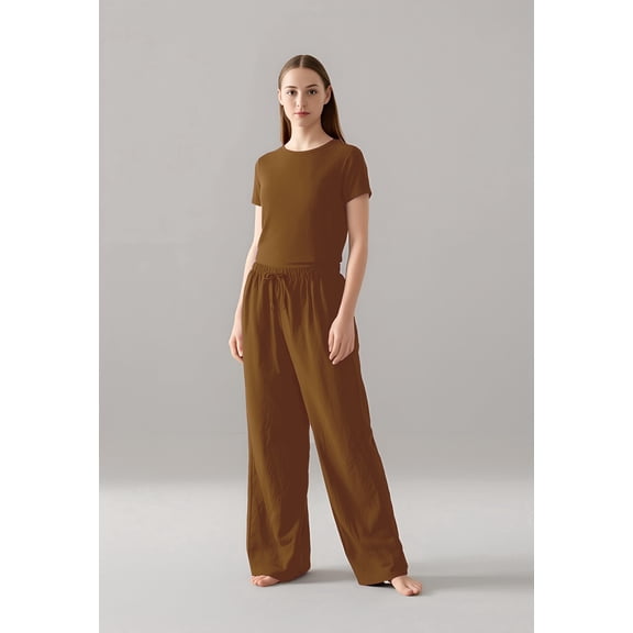 Cherryloom Silky Soft Modal Blend Fitted Tee Drawstring Pants Two-Piece Pajama Set in Cinnamon