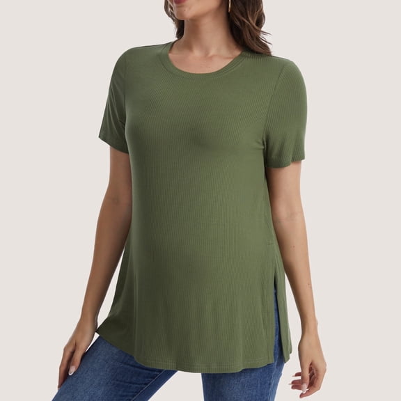Women's Maternity Tops Crewneck Short Sleeve Shirts Casual Loose Tunic Tops Split Hem Ribbed Summer Blouses Pregnancy Clothes