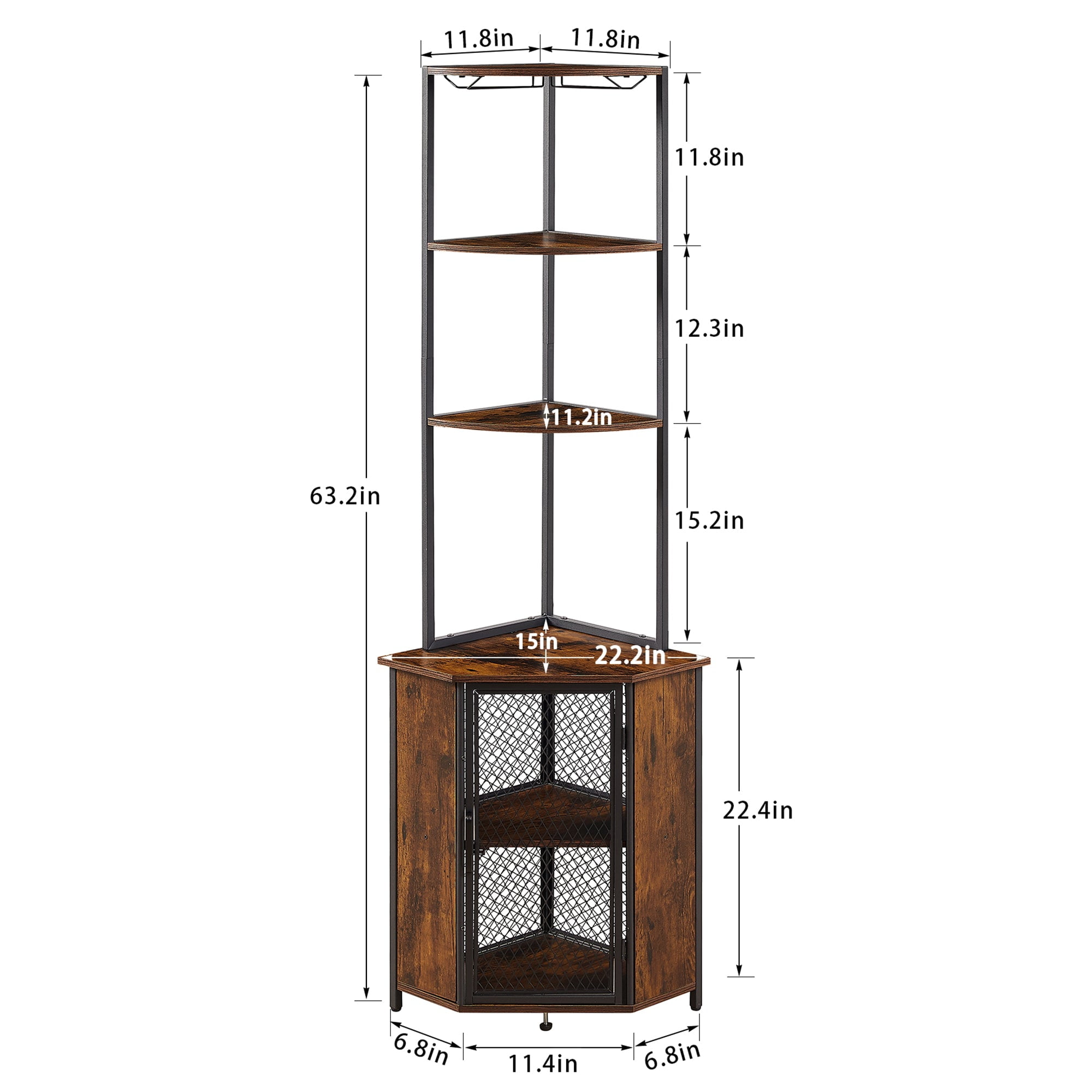 VECELO 6-Tier Corner Shelf with Storage Cabinet, Rustic Corner Bookshelf Stand Storage Rack Plant Stand for Living Room, Home Office, Kitchen, Small Space, Brown