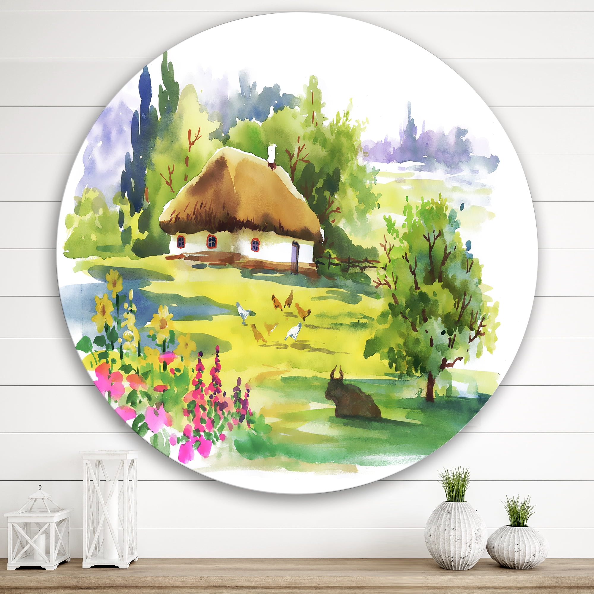 Designart 'Blossoming Greenlands And A Rural House' Traditional Circle Metal Wall Art 29x29 - Disc of 29