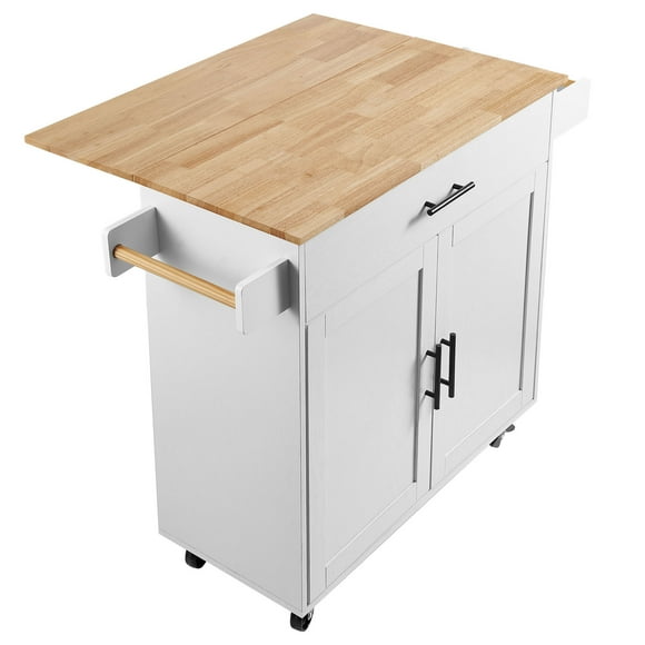 KFFKFF Kitchen Island Cart with Solid Wood Top, 35.4" Width Mobile Carts with Storage Cabinet, Rolling Kitchen Table with Spice Rack, Towel Rack, Drop Leaf and Drawer,Portable Islands on Wheels, White