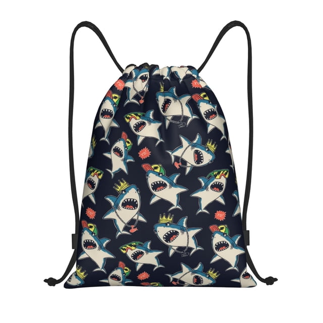 Saiise Cartoon Sharks Pattern Sports Drawstring Backpack - String Swim Gym Bag with Wet Proof Pocket for Women&Men-Medium