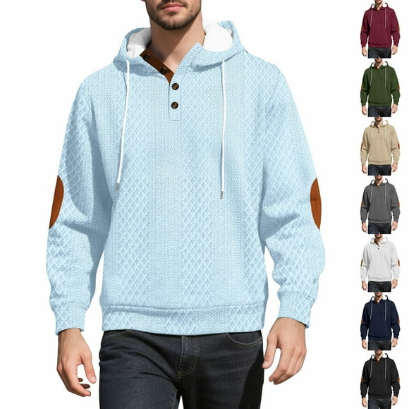 AnuYalue Hooded Sweatshirt for Men Casual Button Up Hoodie Fashion Pullover with Elbow Patch Drawstring Long Sleeve Hoodies