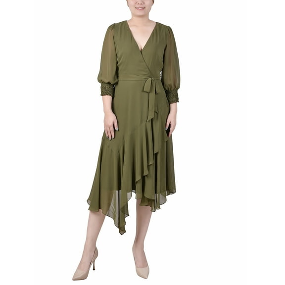 NY Collection Women's Petite 3/4 Sleeve Belted Chiffon Hankerchief Hem Dress