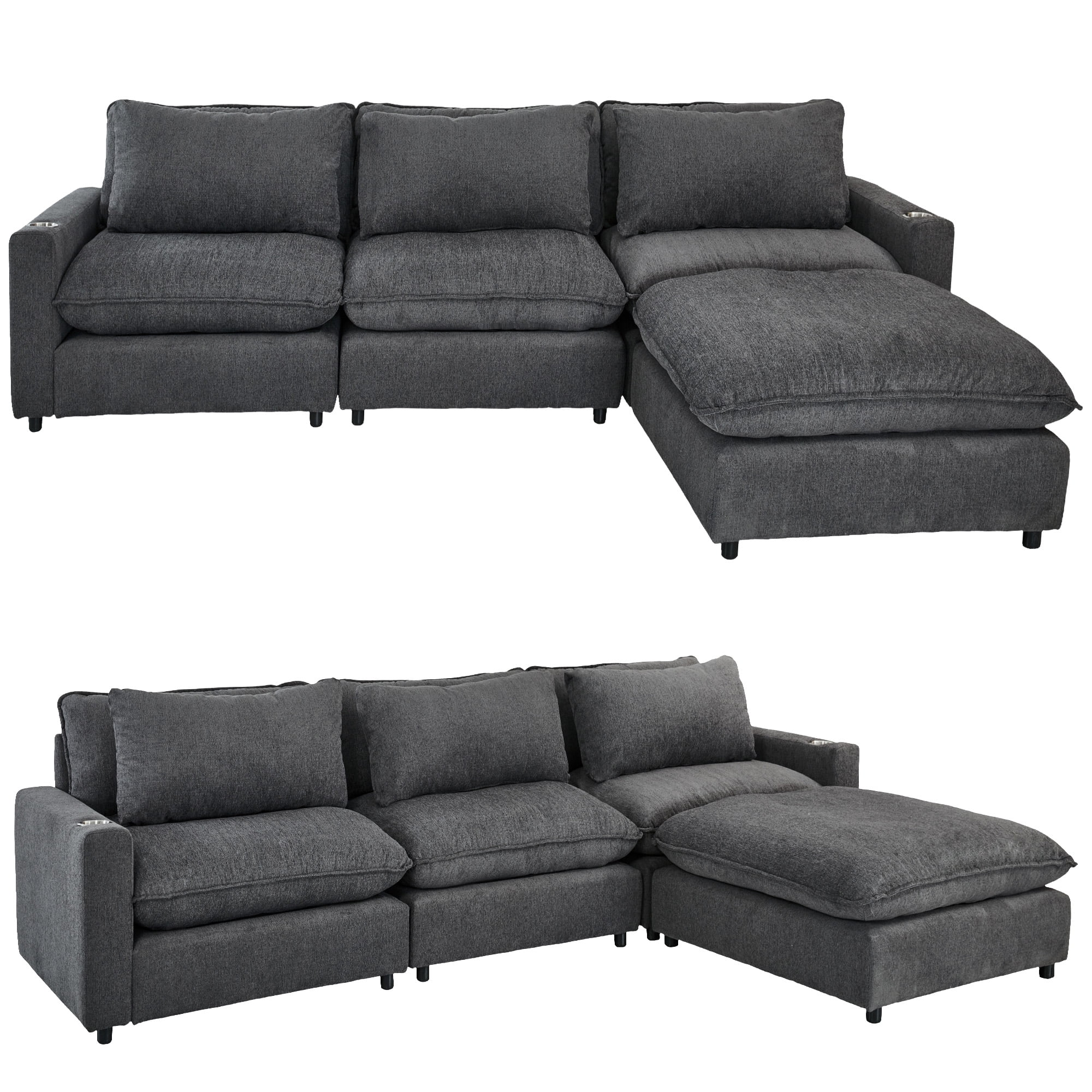Aukfa 128" Modular Sectional Sofa with Cup Holders, Chenille L Shaped Couch with Convertible Chaise, Dark Gray