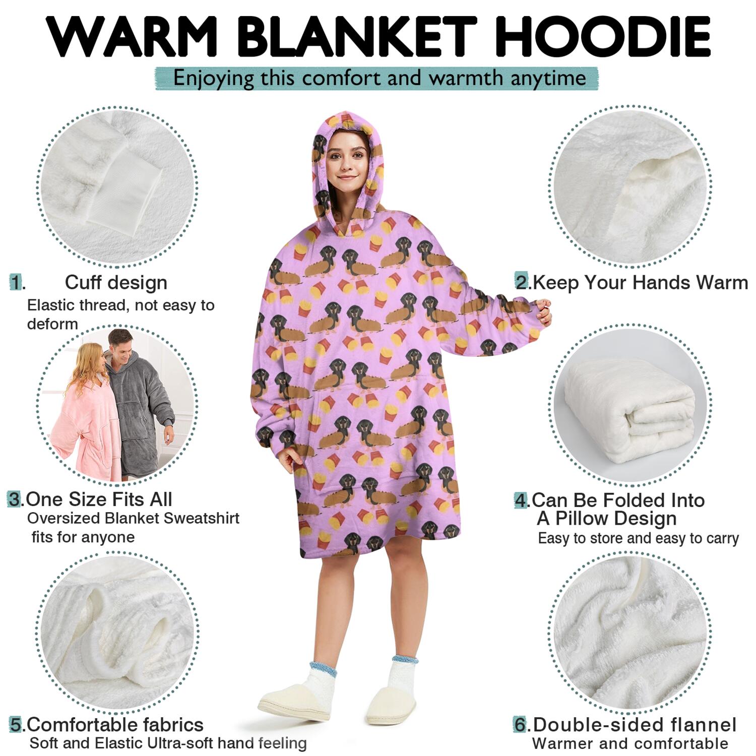 Pink Dachshund Chips Wearable Oversized Blanket,Wearable Blanket Hoodie for Adults,Cozy Hooded Blankets with Super Pockets,Super Warm Fuzzy Pullover for Women & Men