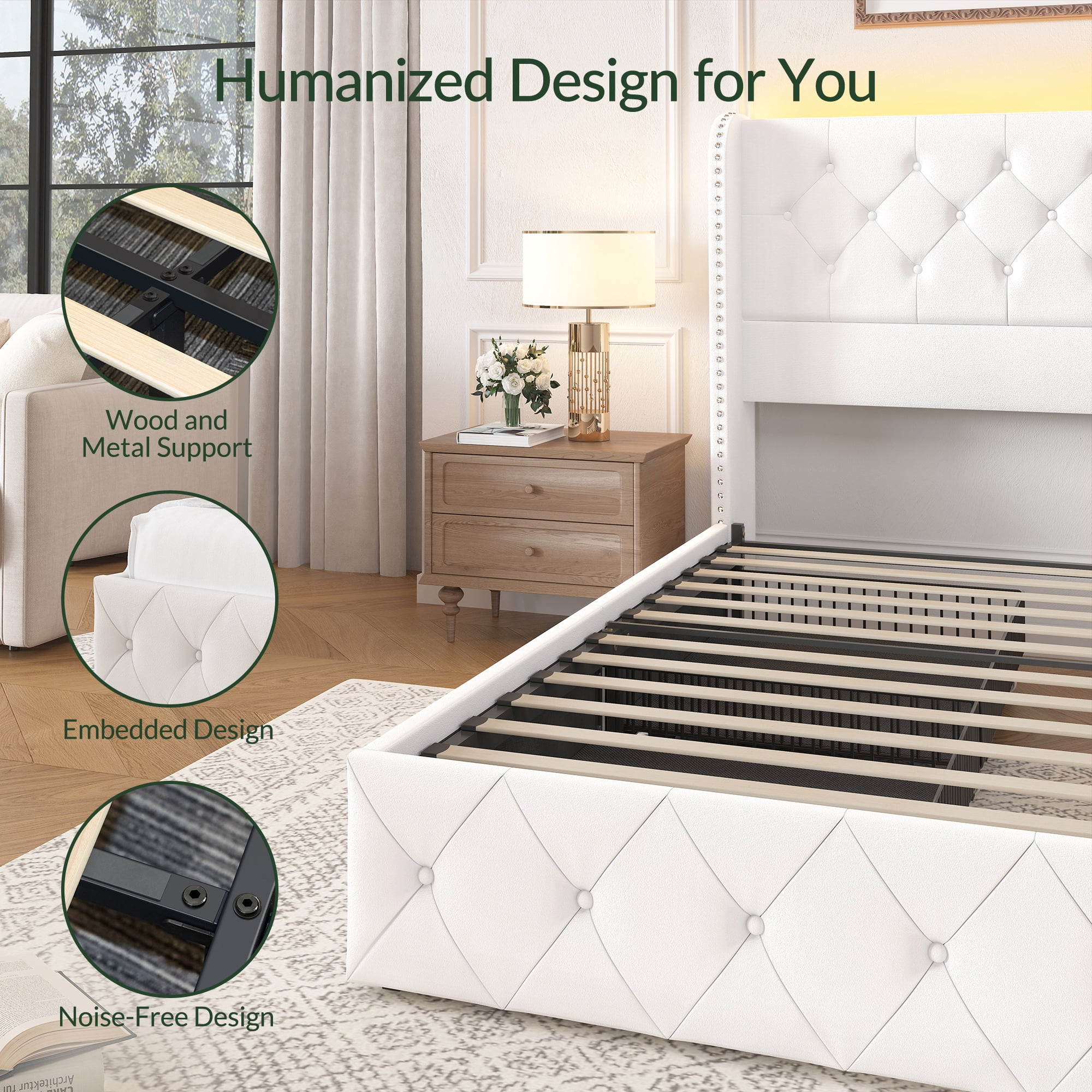 Breltam King Size Bed Frame with Storage Drawers and Tufted Headboard Velvet Upholstered Platform Bed Frame with LED Light Wingback, White