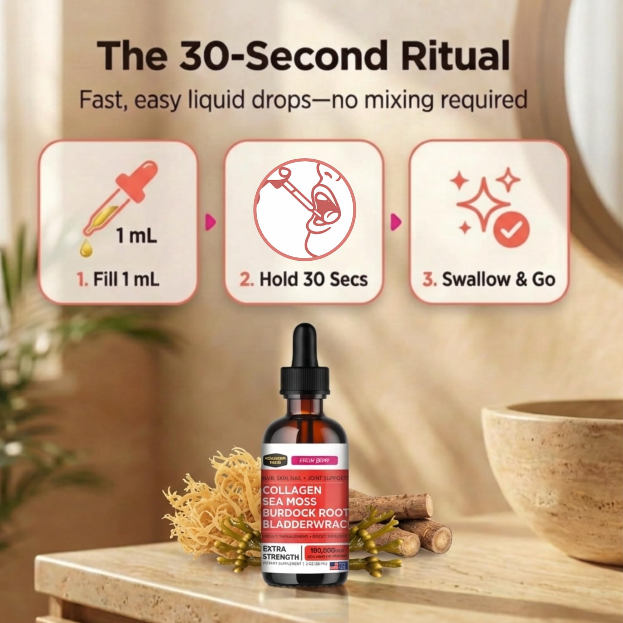 Liquid Collagen Peptides with Sea Moss, Burdock Root & Bladderwrack - High Potency/Absorption Formula. Hair, Skin, Nail + Joint Support. Weight Management & Immunity Booster – Collagen Mojo - 2 oz.