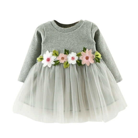 Girls Dress Kids Floral Ribbed Long Sleeve Mesh Embroidered Tulle Ball Gown Dress Baby Girl Dresses Grey 18-24Months