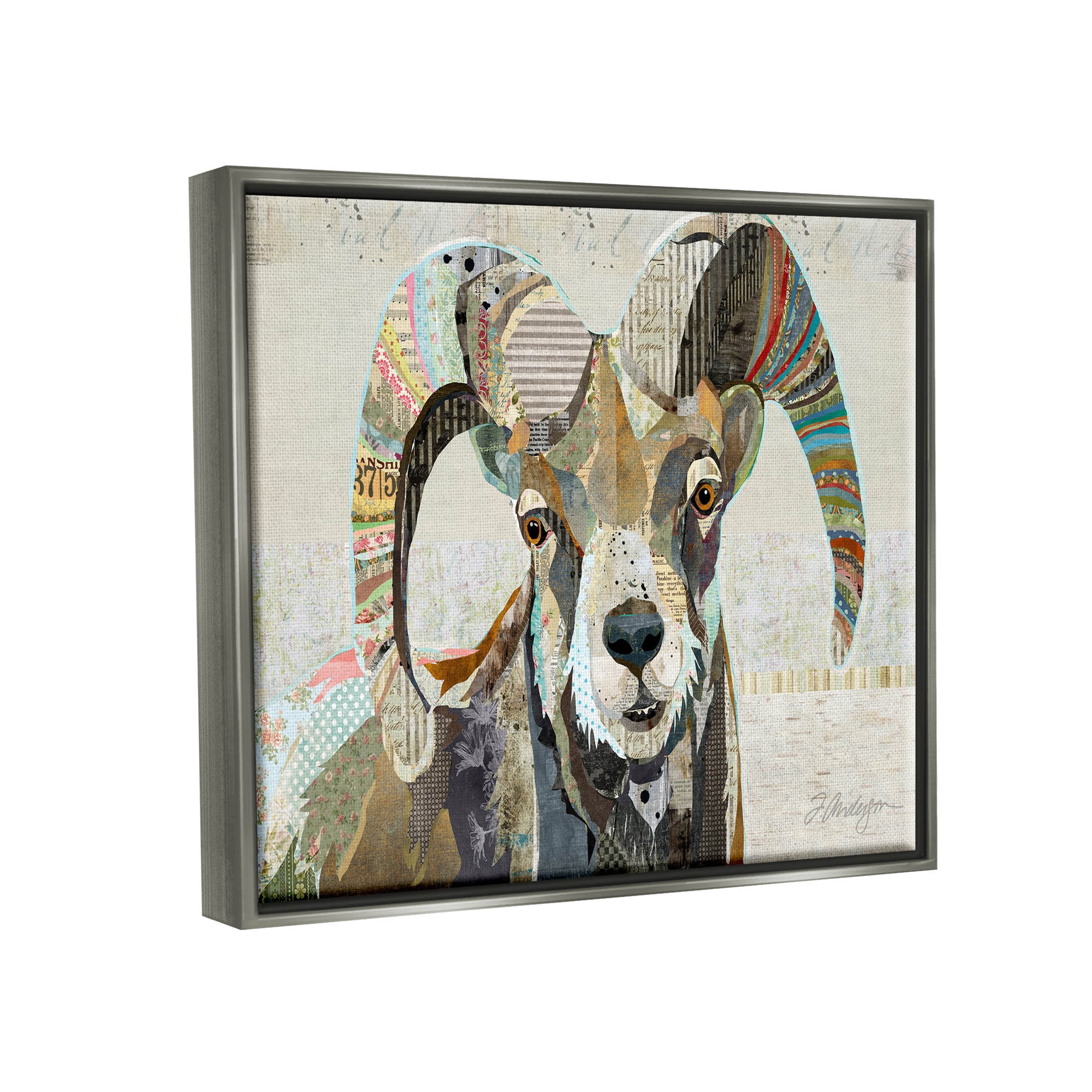 Stupell Industries Goat Striped Horns Ephemera Collage Graphic Art Luster Gray Floating Framed Canvas Print Wall Art, Design by Traci Anderson